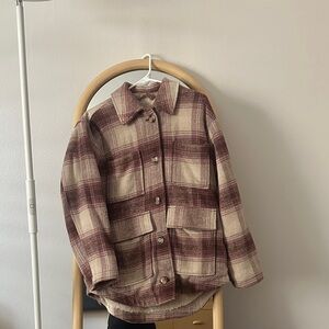 AMERICAN EAGLE: Plaid Sherpa-Lined Jacket - Cream, Burgundy and Pink
